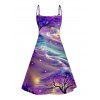 Galaxy Colorful Print V Neck High Waist Spaghetti Strap Dress and Roll Up Sleeve Shirt Resort Outfit - multicolor S | US 4