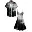 Landscape Ink Painting Print V Neck High Waist Spaghetti Strap Dress and Roll Up Sleeve Shirt Outfit - Noir S | US 4