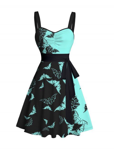 Halloween Sweetheart Neck Contrast Bat Print Ruched Bust Tank Belt Summer Dress