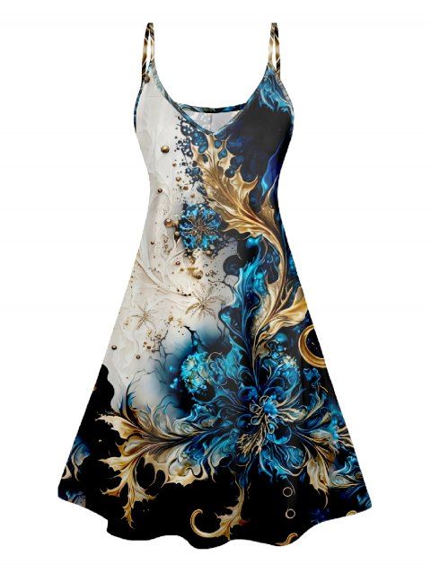 Abstract Print V Neck High Waist Spaghetti Strap Dress Sleeveless Summer A Line Cami Dress