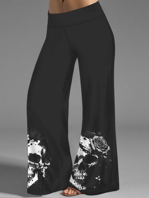 Pantalon Décontracté Long Rose Crâne Imprimées Jambe Large à Taille Elastique