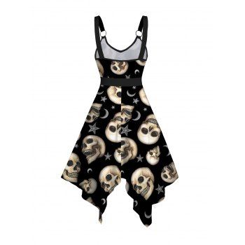 Moon Star Skull Print V Neck High Waist Tank Dress O Ring Sleeveless Handkerchief Dress