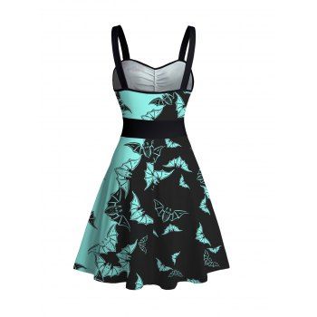 Halloween Sweetheart Neck Contrast Bat Print Ruched Bust Tank Belt Summer Dress