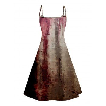 Bleeding Letters  Print V Neck High Waist Spaghetti Strap Dress Sleeveless Summer A Line Cami Dress