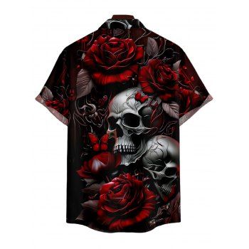 Rose Skull Print V Neck High Waist Dress and Roll Up Sleeve Shirt Outfit