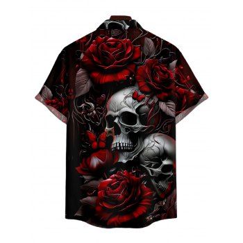 Men's Skull Rose Print Roll Up Sleeve Shirt Button Up Short Sleeve Casual Shirt