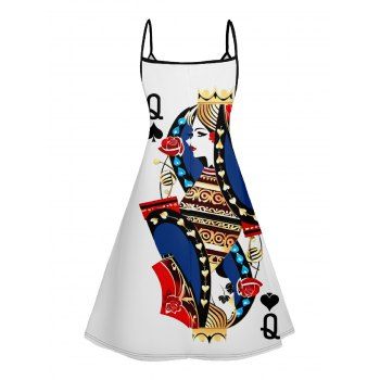 Playing Card Print V Neck High Waist Spaghetti Strap Dress Sleeveless Summer A Line Cami Dress