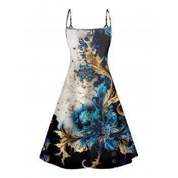 Abstract Print V Neck High Waist Spaghetti Strap Dress Sleeveless Summer A Line Cami Dress