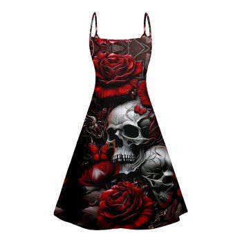 Skull Rose Print V Neck High Waist Dress Spaghetti Strap Sleeveless Summer A Line Cami Dress