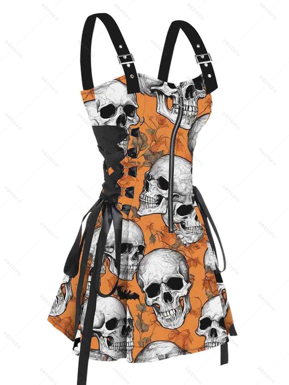 Mini Robe Crâne Imprimée à Bretelle Bouclée Ajustable à Lacets - Orange Foncé S | US 4
