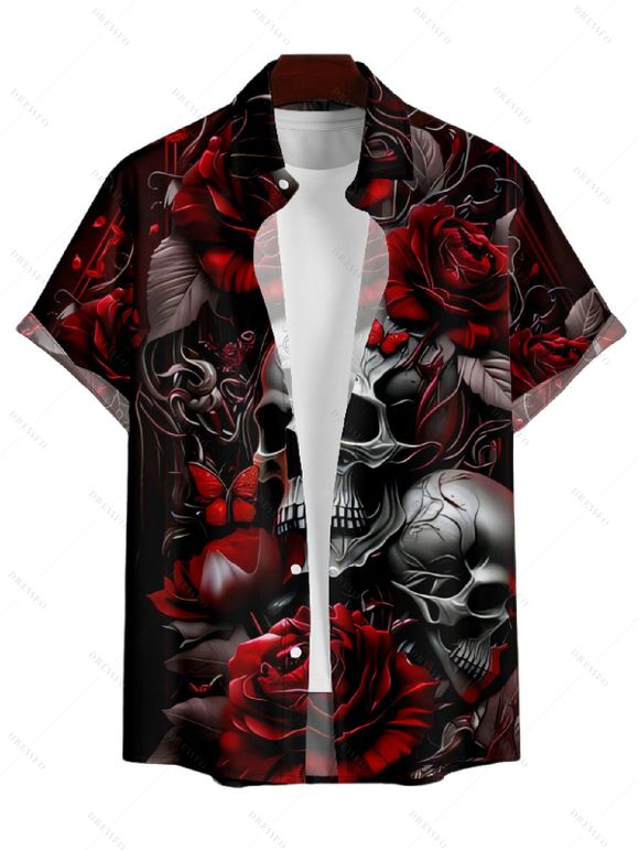 Chemise Décontractée Rose Crâne Imprimées Boutonnée à Manches Courtes pour Homme - Noir M