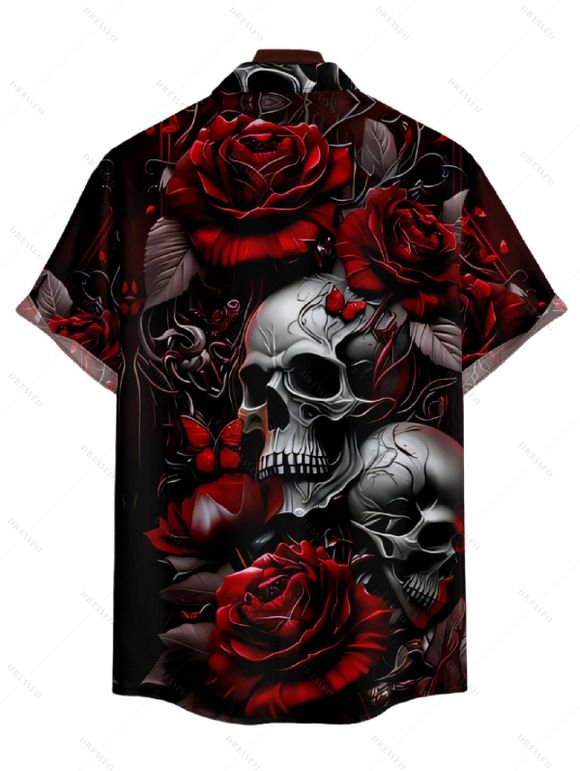 Chemise Décontractée Rose Crâne Imprimées Boutonnée à Manches Courtes pour Homme - Noir 5XL