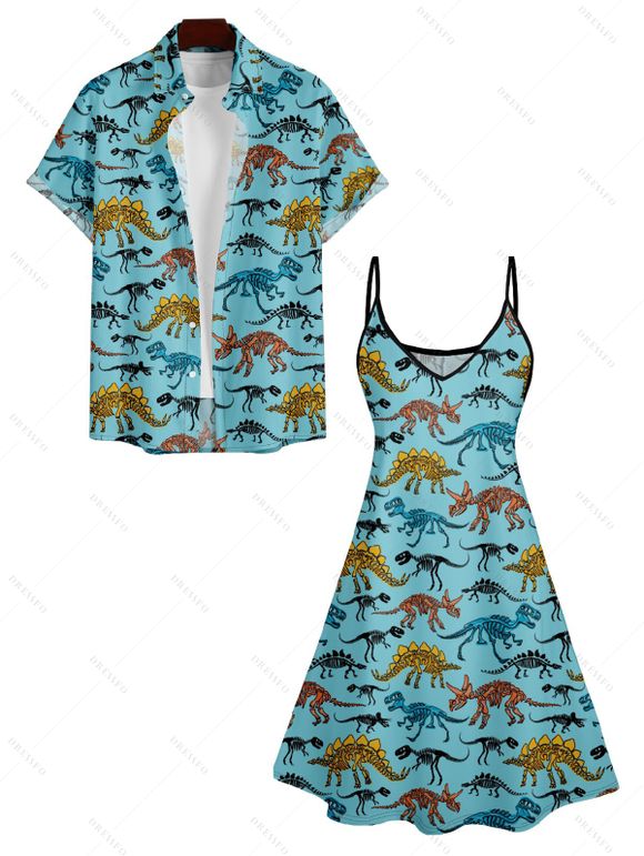 Dinosaur Skeleton Print V Neck High Waist Spaghetti Strap Dress and Roll Up Sleeve Shirt Outfit - Bleu clair S | US 4