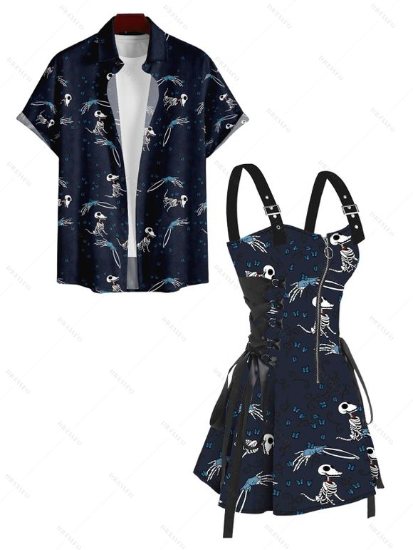 Butterfly Dinosaur Skeleton Print Lace Up Mini Dress and Button Up Short Sleeve Shirt Outfit - Bleu de Minuit S | US 4