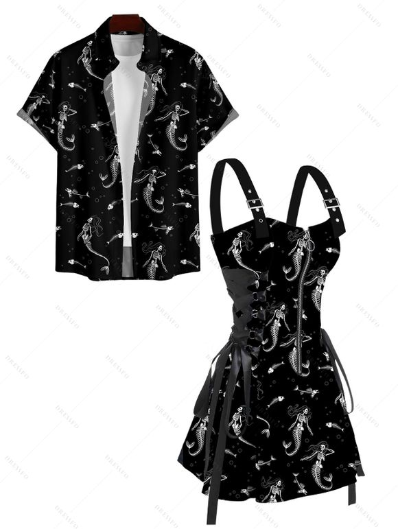 Mermaid Skeleton Print Lace Up Mini Dress and Button Up Short Sleeve Shirt Outfit - Noir S | US 4