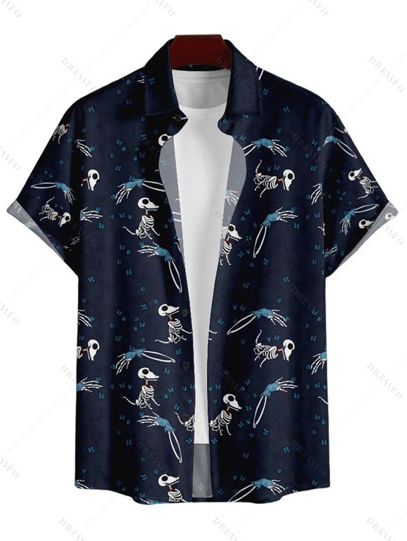 Chemise Décontractée Dinosaure Squelette Imprimés Boutonnée à Manches Courtes - Bleu de Minuit 5XL