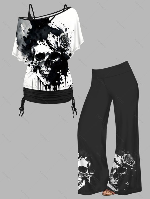 Tie Dye Skull Print T-shirt And Cinched Top Set and Wide Leg Pants Outfit - Noir S | US 4