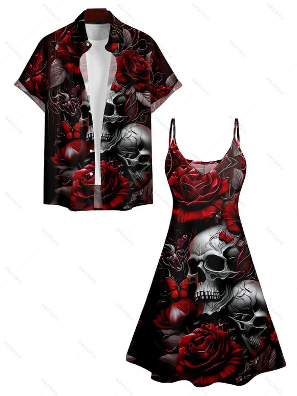 Rose Skull Print V Neck High Waist Dress and Roll Up Sleeve Shirt Outfit - Noir S | US 4