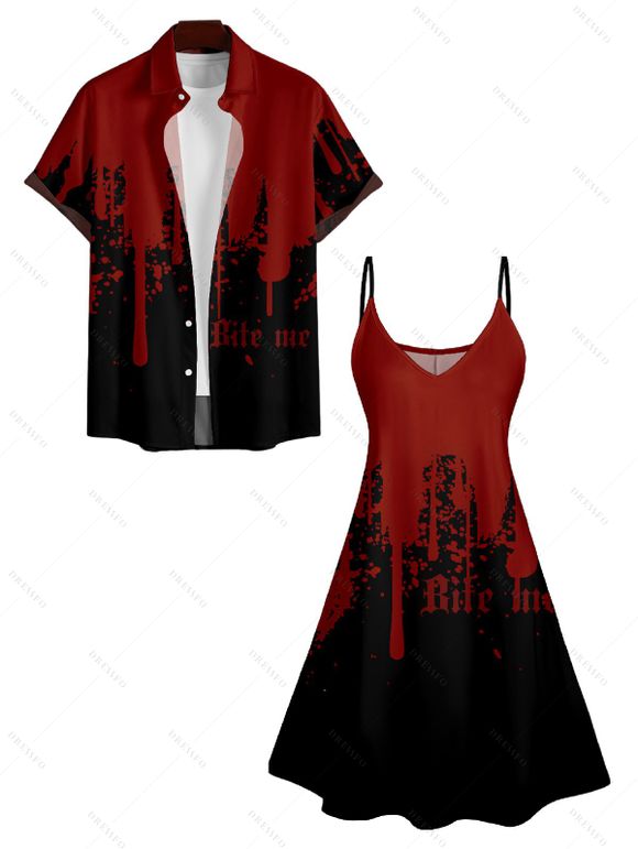 Halloween Bleeding Letters Print V Neck High Waist Spaghetti Strap Dress and Roll Up Sleeve Shirt Outfit - Rouge foncé S | US 4