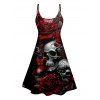 Skull Rose Print V Neck High Waist Dress Spaghetti Strap Sleeveless Summer A Line Cami Dress