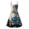 Abstract Print V Neck High Waist Spaghetti Strap Dress and Roll Up Sleeve Shirt Resort Hawaii Outfit - Bleu profond S | US 4
