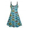 Dinosaur Skeleton Print V Neck High Waist Spaghetti Strap Dress and Roll Up Sleeve Shirt Outfit - Bleu clair S | US 4