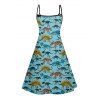 Dinosaur Skeleton Print V Neck High Waist Spaghetti Strap Dress and Roll Up Sleeve Shirt Outfit - Bleu clair S | US 4