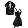 Mermaid Skeleton Print Lace Up Mini Dress and Button Up Short Sleeve Shirt Outfit - Noir S | US 4