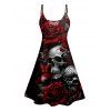 Rose Skull Print V Neck High Waist Dress and Roll Up Sleeve Shirt Outfit - Noir S | US 4