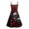 Rose Skull Print V Neck High Waist Dress and Roll Up Sleeve Shirt Outfit - Noir S | US 4