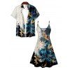 Abstract Print V Neck High Waist Spaghetti Strap Dress and Roll Up Sleeve Shirt Resort Outfit - Bleu profond S | US 4