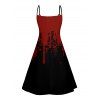 Halloween Bleeding Letters Print V Neck High Waist Spaghetti Strap Dress and Roll Up Sleeve Shirt Outfit - Rouge foncé S | US 4