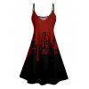 Halloween Bleeding Letters Print V Neck High Waist Spaghetti Strap Dress and Roll Up Sleeve Shirt Outfit - Rouge foncé S | US 4