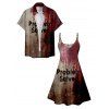 Bleeding Letters Print V Neck High Waist Spaghetti Strap Dress and Roll Up Sleeve Shirt Outfit - Rose clair S | US 4