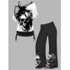 Tie Dye Skull Print T-shirt And Cinched Top Set and Wide Leg Pants Outfit - Noir S | US 4