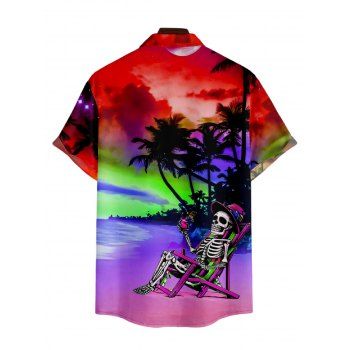 Men's Rainbow Skeleton Beach Hawaii Print Roll Up Sleeve Shirt Button Up Short Sleeve Casual Shirt