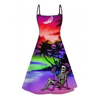 Rainbow Skeleton Beach Hawaii Print V Neck High Waist Spaghetti Strap Dress Sleeveless Summer A Line Cami Dress