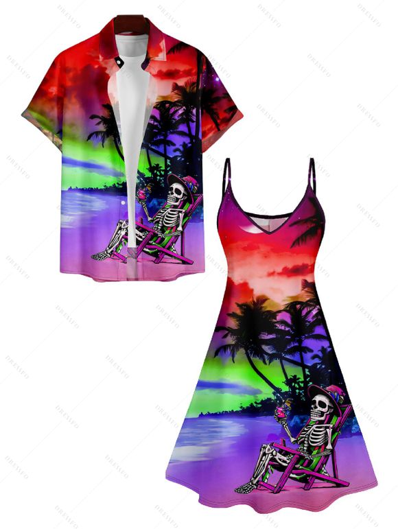 Rainbow Skeleton Beach Hawaii Print V Neck High Waist Spaghetti Strap Dress and Roll Up Sleeve Shirt Outfit - Rouge S | US 4