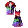 Rainbow Skeleton Beach Hawaii Print V Neck High Waist Spaghetti Strap Dress and Roll Up Sleeve Shirt Outfit - Rouge S | US 4