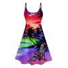 Rainbow Skeleton Beach Hawaii Print V Neck High Waist Spaghetti Strap Dress and Roll Up Sleeve Shirt Outfit - Rouge S | US 4