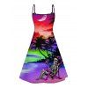 Rainbow Skeleton Beach Hawaii Print V Neck High Waist Spaghetti Strap Dress and Roll Up Sleeve Shirt Outfit - Rouge S | US 4