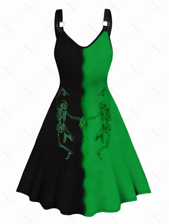 Robe Ligne A à Bretelle Bicolore Squelette Dansante sans Manches - Vert XL | US 10