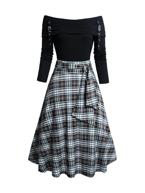 Robe à Carreaux Imprimé Nouée à Epaule Dénudée