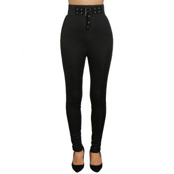 Solid Color Buckle Grommet Waist Long Pants Rivet Decor Women Casual Jogger Pants 