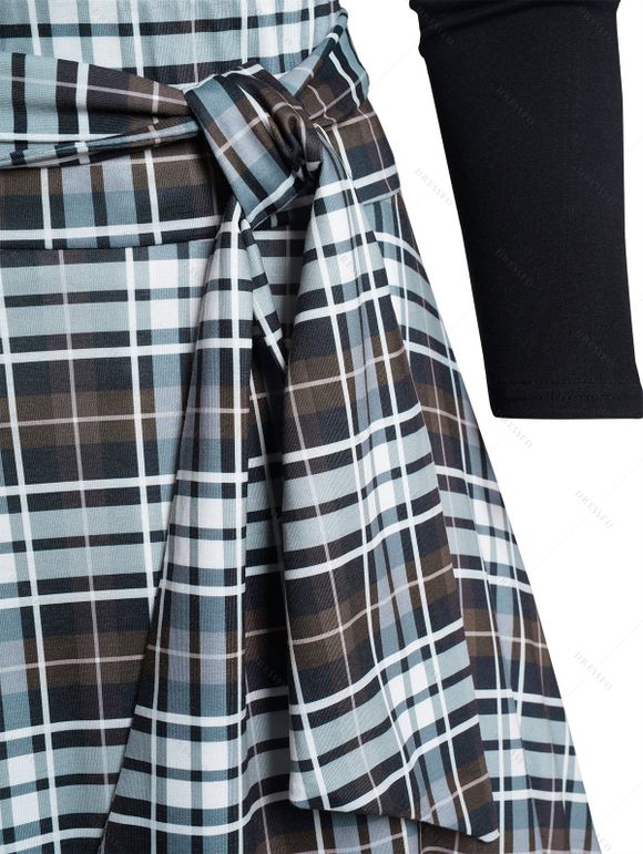 Robe à Carreaux Imprimé Nouée à Epaule Dénudée - Noir S | US 4