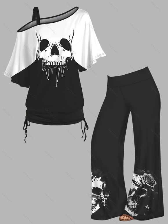 Skull Print Contrast Color Skew Neck Tee and Elastic Waist Wide Leg Pants Outfit - Noir S | US 4