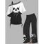 Skull Print Contrast Color Skew Neck Tee and Elastic Waist Wide Leg Pants Outfit - Noir S | US 4