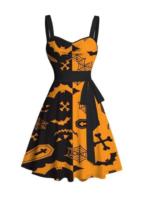 Robe D'Eté D'Halloween Citrouille Chauve-souris Toile D'Araignée Imprimés Ceinturée