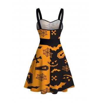 Sweetheart Neck Halloween Pumpkin Spider Bat Print Ruched Bust Tank Belt Summer Dress