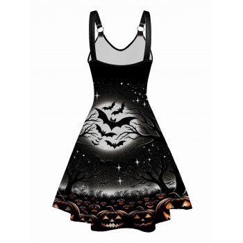 Halloween Pumpkin Spider Bat Print V Neck Dress O Ring Straps Sleeveless A Line Tank Dress